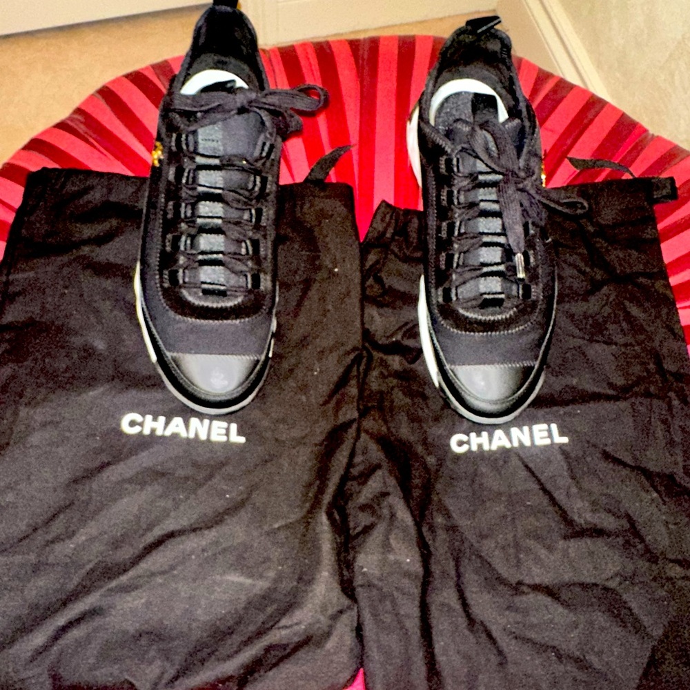 Authentic Chanel suede and leather sneakers with box , bags and papers